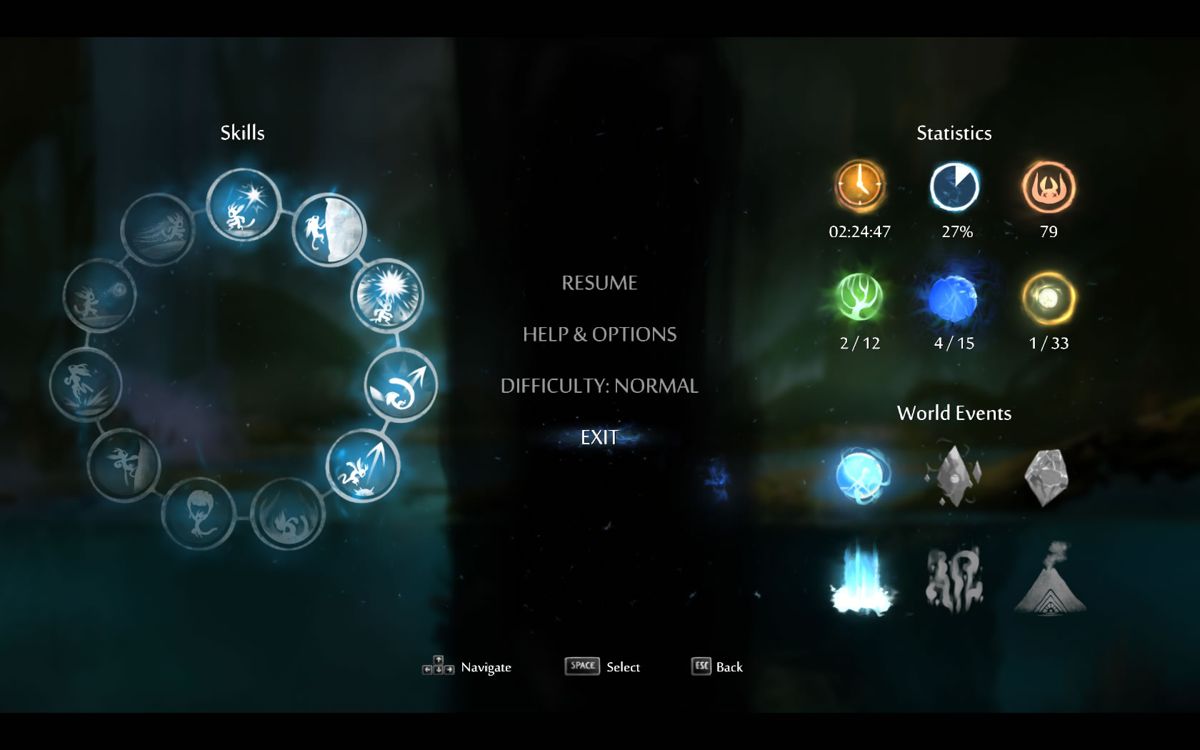 Ori and the Blind Forest: Definitive Edition (Windows) screenshot: Pause menu with an overview of the progress