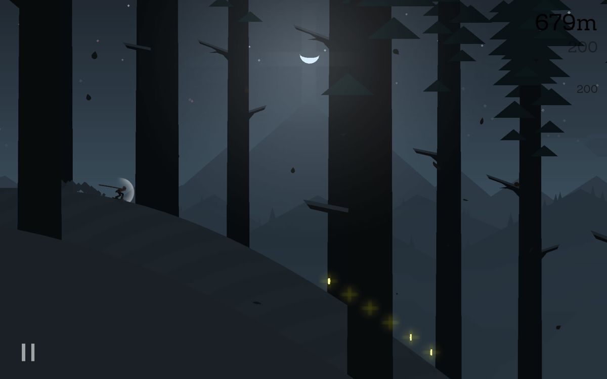 Alto's Adventure (Android) screenshot: Boosting through a forest at night.