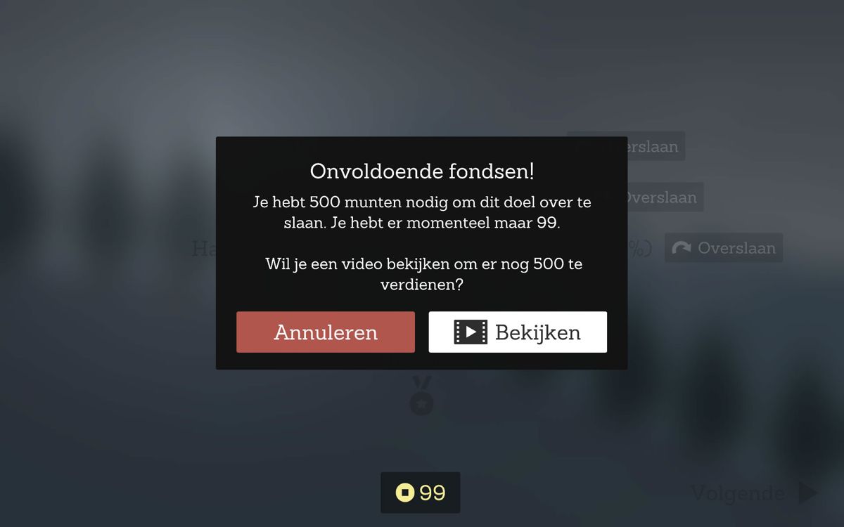 Alto's Adventure (Android) screenshot: Optionally goals can be skipped if you have a certain amount of coins (Dutch version).