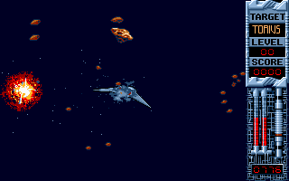 Eagle's Rider (DOS) screenshot: Flying, shooting, and collecting energy cells (VGA)