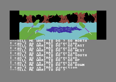 Scott Adams' Graphic Adventure #1: Adventureland (Commodore 64) screenshot: What? I can't go anywhere?