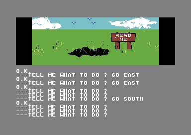 Scott Adams' Graphic Adventure #1: Adventureland (Commodore 64) screenshot: That sign looks intriguing