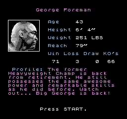 George Foreman's KO Boxing (NES) screenshot: George Foreman's stats
