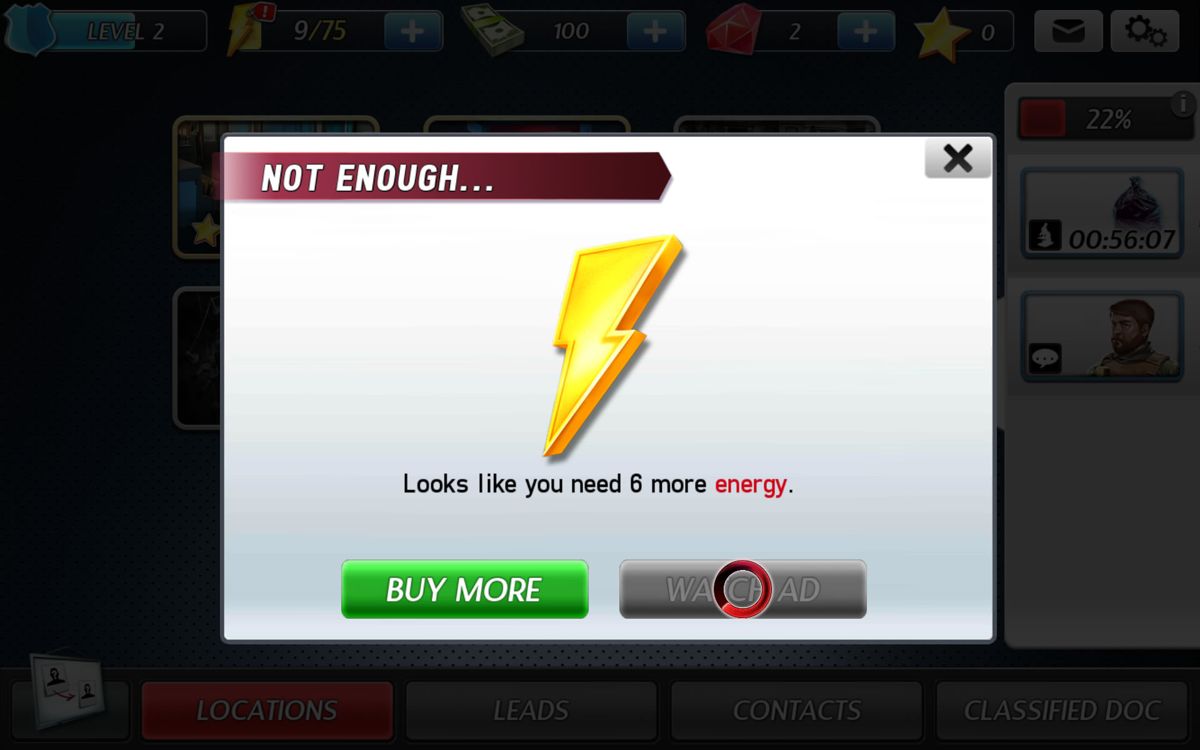 The Blacklist: Conspiracy (Android) screenshot: You need to more energy to keep playing.
