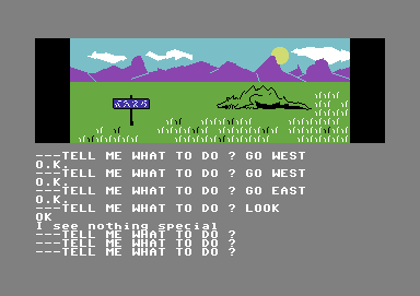 Scott Adams' Graphic Adventure #1: Adventureland (Commodore 64) screenshot: A dragon sleeps in the sunny meadow