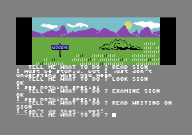 Scott Adams' Graphic Adventure #1: Adventureland (Commodore 64) screenshot: I just want to read that bloody sign
