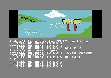 Scott Adams' Graphic Adventure #1: Adventureland (Commodore 64) screenshot: This lake has a warning sign