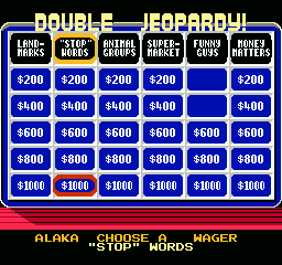 Jeopardy! Junior Edition (NES) screenshot: amounts are doubled in double jeopardy