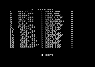 2 Player Soccer Squad (Commodore 64) screenshot: Club fixtures