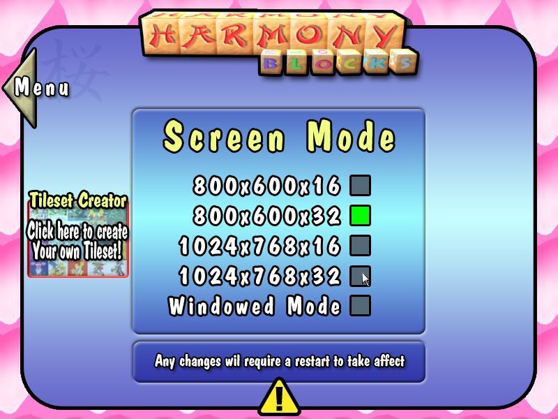 Harmony Blocks (Windows) screenshot: The game's Options sub menu allows the player to create their own tile set and adjust the video settings.<br>A game restart is needed for new settings to take effect
