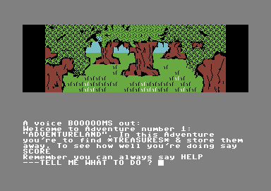 Scott Adams' Graphic Adventure #1: Adventureland (Commodore 64) screenshot: Starting out in the forest