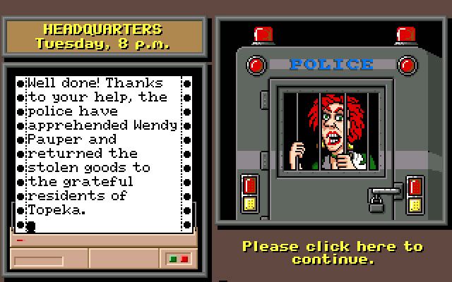 Where in the U.S.A. Is Carmen Sandiego? (Amiga) screenshot: A suspect in a police van, being taken away to prison