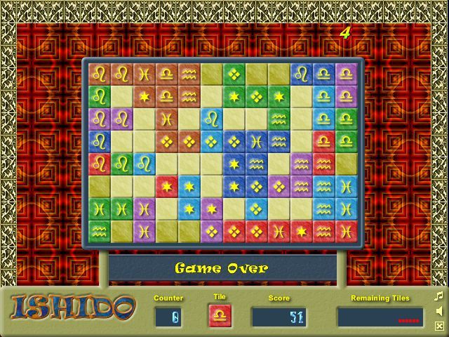 Ishido (Windows) screenshot: Game Over!<br>The next tile cannot be played