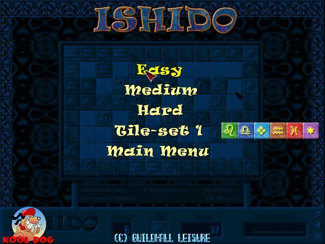 Ishido (Windows) screenshot: Starting a game. There are three levels of difficulty and three tile sets