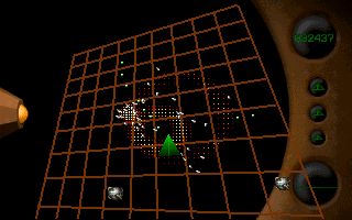 Quadnet (DOS) screenshot: Use your auto cannon to destroy drones.