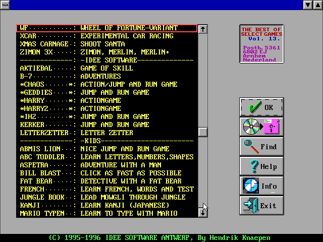 Select Games Special 13 (DOS) screenshot: The DOS menu displays the CD contents as a long list grouped by the folders that contain them