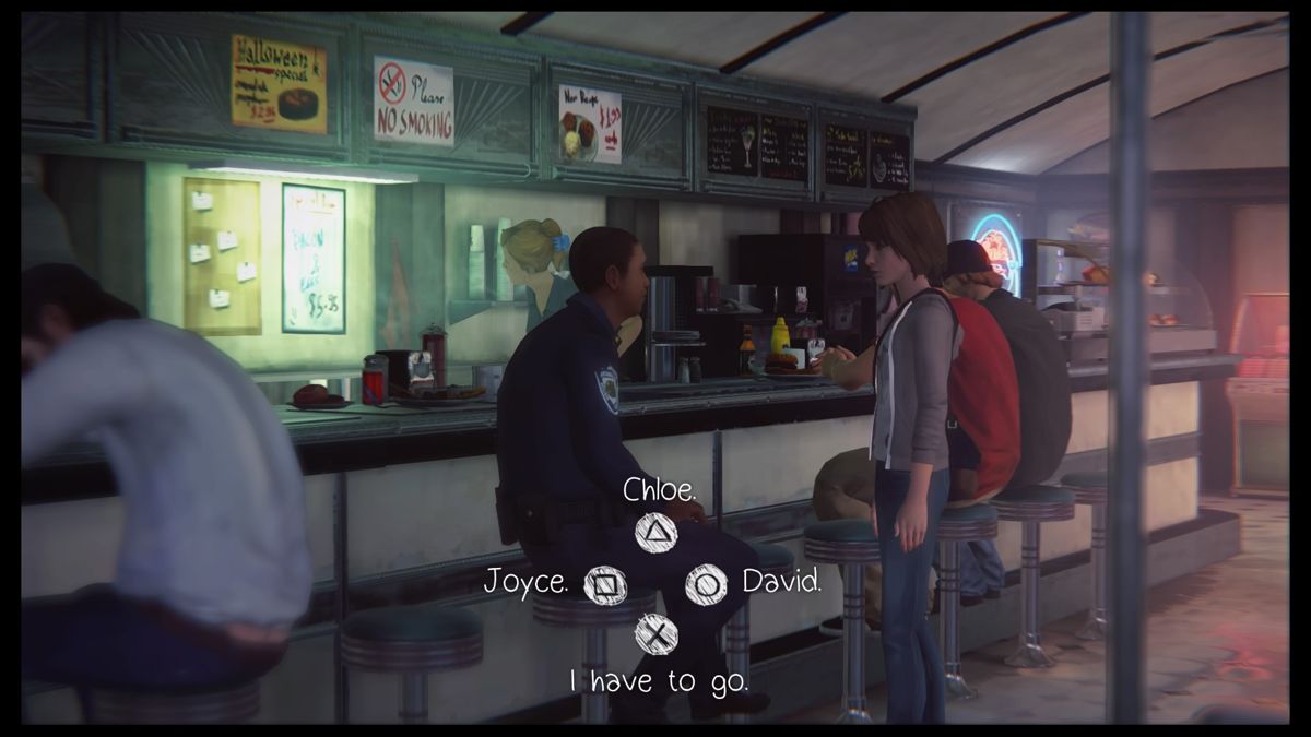 Life Is Strange: Episode 2 - Out of Time (PlayStation 4) screenshot: Talking to an officer at the diner