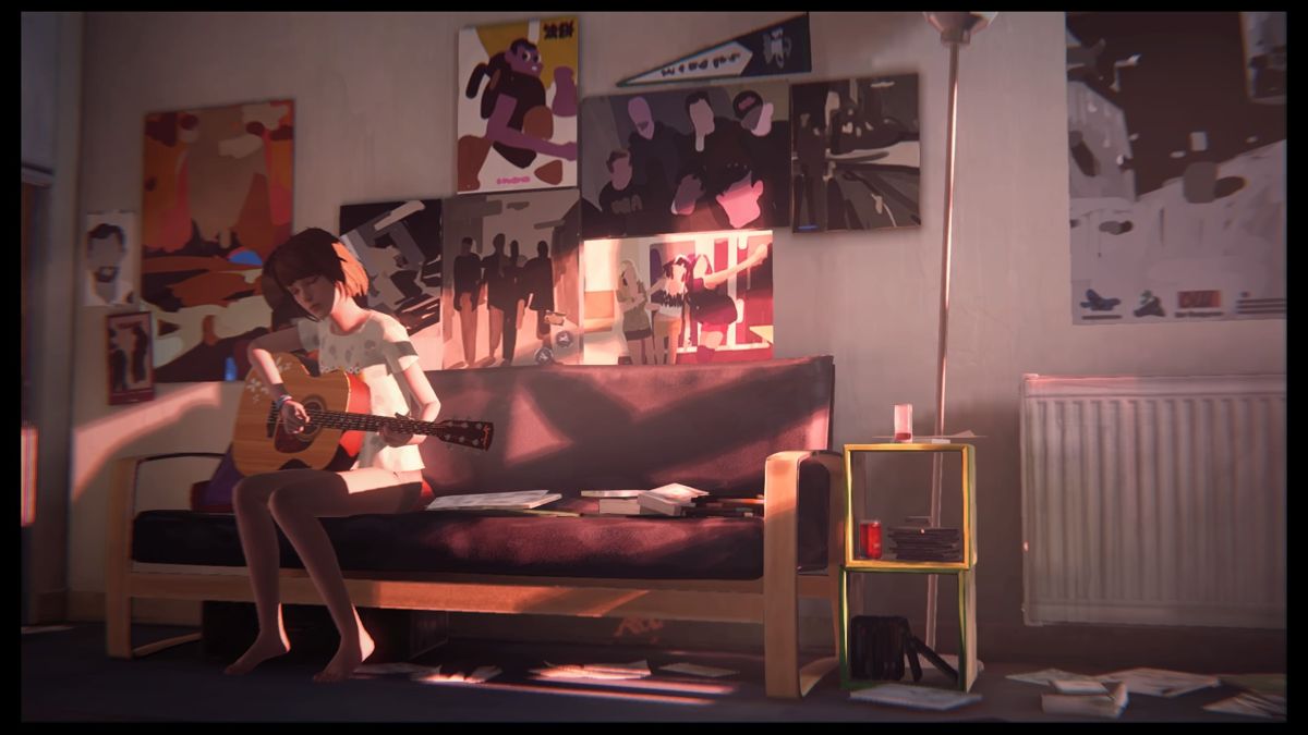 Life Is Strange: Episode 2 - Out of Time (PlayStation 4) screenshot: Playing a guitar, still in her pajama