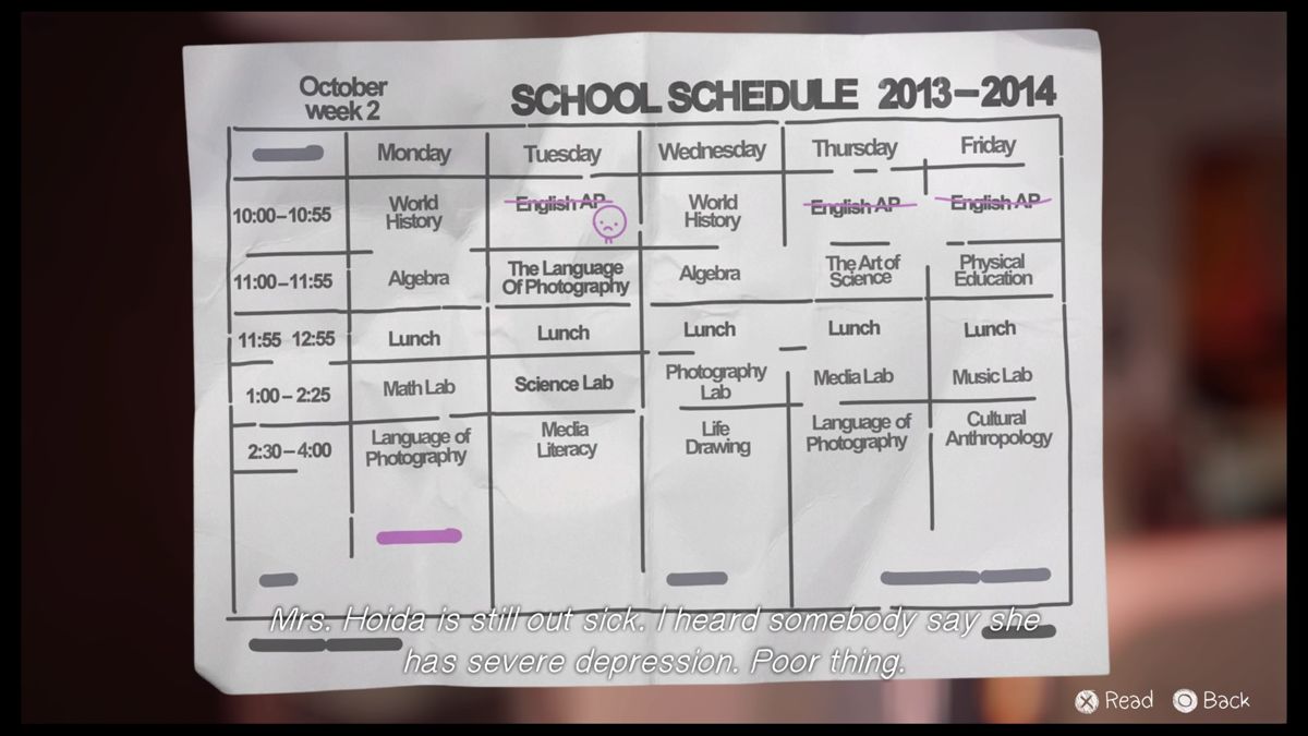 Life Is Strange: Episode 2 - Out of Time (PlayStation 4) screenshot: Checking the school schedule