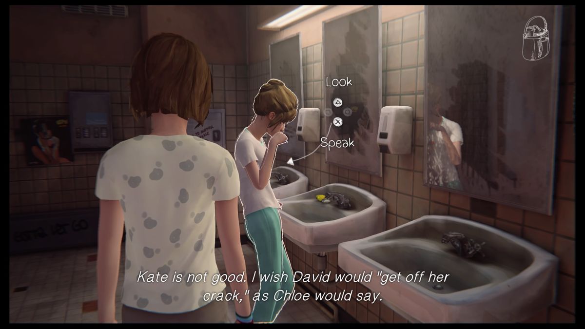 Life Is Strange: Episode 2 - Out of Time (PlayStation 4) screenshot: Meeting Kate in the restroom during morning chores