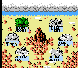 Whomp 'Em (NES) screenshot: After completing the tutorial stage, you have the option of selecting from among 6 lands