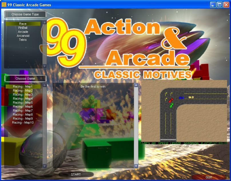99 Classic Arcade (Windows) screenshot: The main nenu screen<br>The default game is Racing: Map 1. There's a helpful summary of the objectives and a screenshot