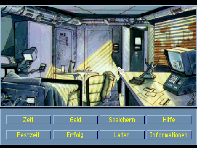 Skyworker (DOS) screenshot: Your apartment with a bed, a computer, a cabinet, a toilet and of course a teleporter.