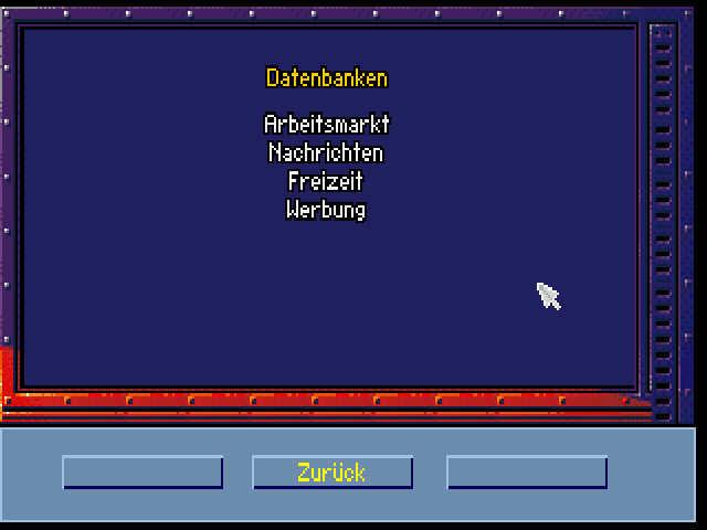 Skyworker (DOS) screenshot: Your computer offers current news, advertisements for locations in the city and most important job ads.
