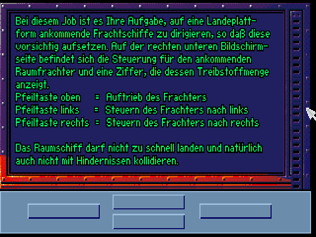 Skyworker (DOS) screenshot: Description of one of the temporary jobs.