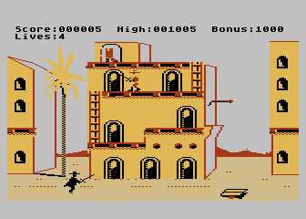 Zorro (Atari 8-bit) screenshot: Somehow I must get up to the top of this building.