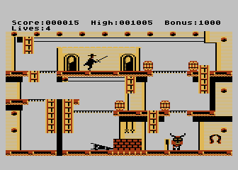 Zorro (Atari 8-bit) screenshot: I need to get the horseshoe past the bull