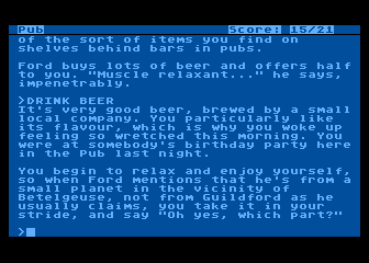 The Hitchhiker's Guide to the Galaxy (Atari 8-bit) screenshot: More games need beer-drinking puzzles.
