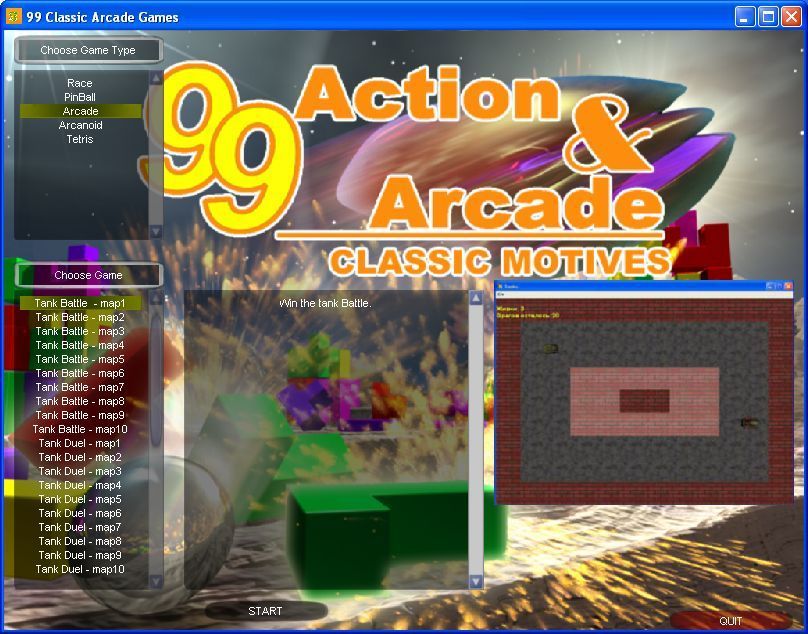 99 Classic Arcade (Windows) screenshot: There are ten levels for Tank battle and twenty forTank Duel. Off screen are six shooters. This completes the Arcade section
