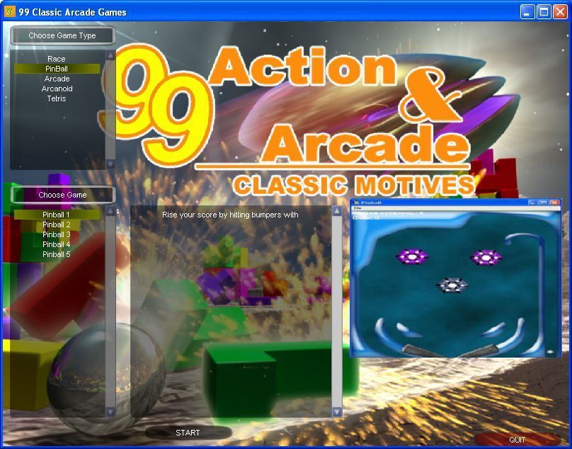 99 Classic Arcade (Windows) screenshot: This is the Pinball game selection screen