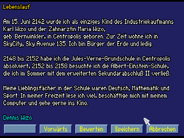 Skyworker (DOS) screenshot: You have to choose a curriculum vitae.
