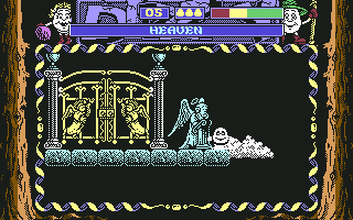 Dizzy: Prince of the Yolkfolk (Commodore 64) screenshot: Dizzy at the pearly gates.