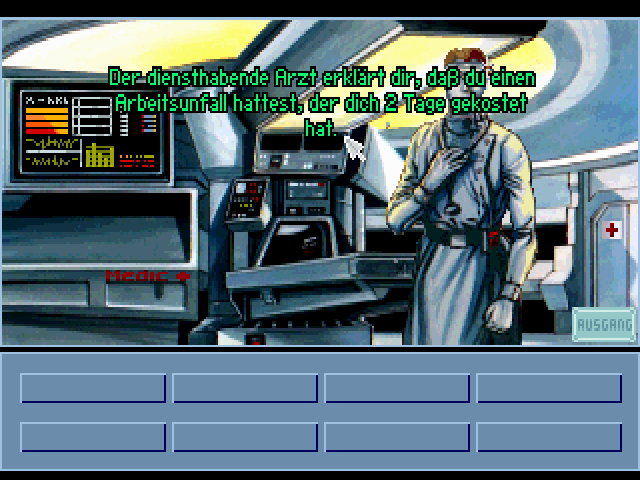 Skyworker (DOS) screenshot: But these kind of jobs are dangerous. You wake up in the hospital and lose two days.