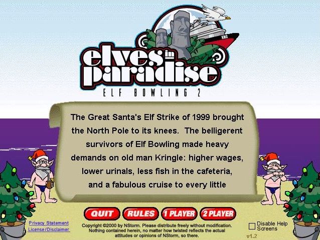 Elves in Paradise: Elf Bowling 2 (Windows) screenshot: Title screen and story