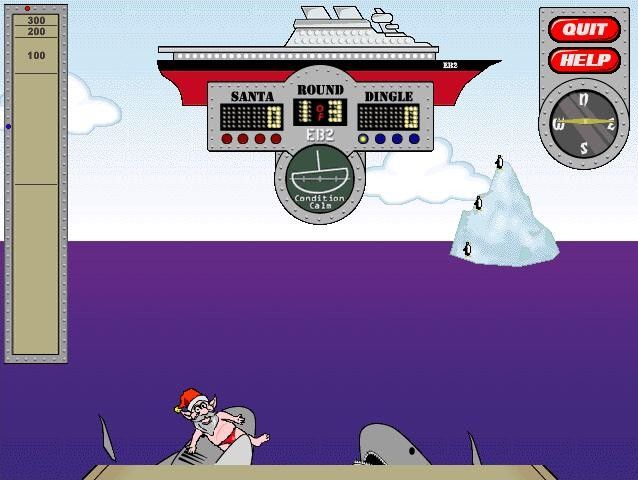 Elves in Paradise: Elf Bowling 2 (Windows) screenshot: If you send an elf too far, one of the sharks will eat him.