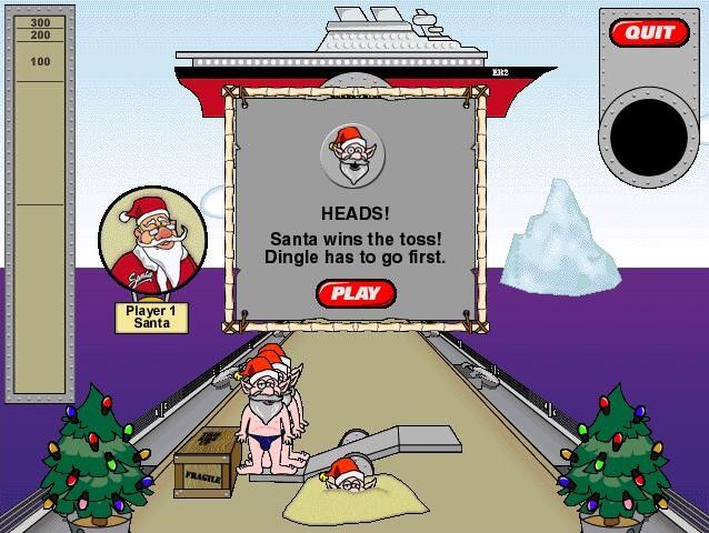Elves in Paradise: Elf Bowling 2 (Windows) screenshot: Heads! Santa wins so Dingle goes first.