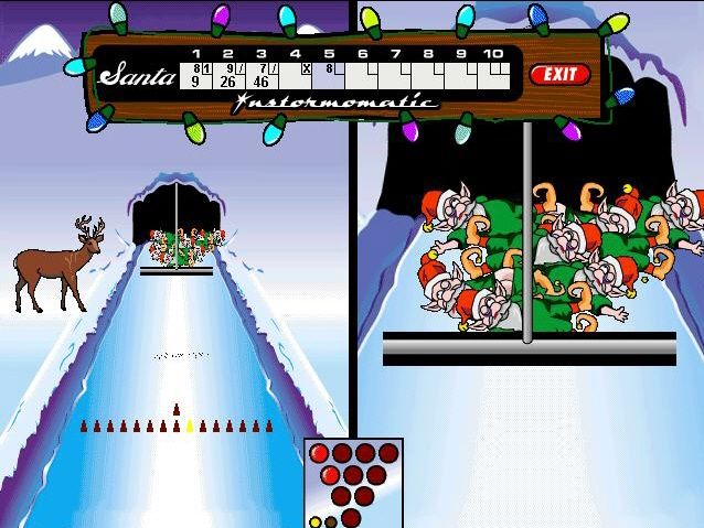 Elf Bowling (Windows) screenshot: When you knock some down, they are squeegeed off the playing field.