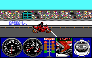 Pocket Rockets (DOS) screenshot: Ready to begin the Capcom Speedway race? (EGA)