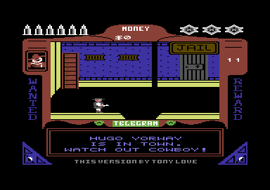 Gunfighter (Commodore 64) screenshot: Entering the jail, with the first foe introduced.
