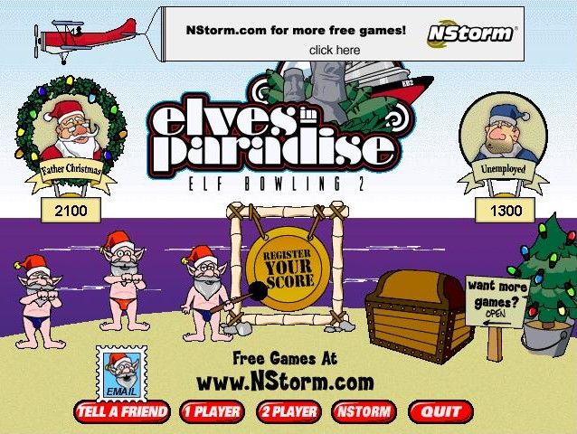 Elves in Paradise: Elf Bowling 2 (Windows) screenshot: The final screen where you can register your score or go to NStorm's web site for more games.