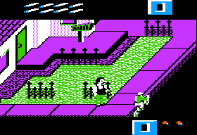 Paperboy (Apple II) screenshot: Watch out for the people walking on the sidewalk.