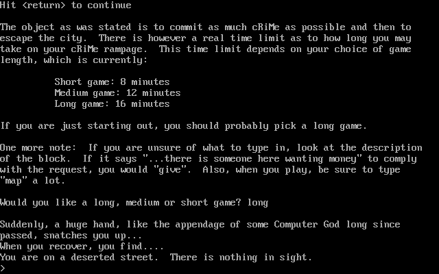 cRiMe (DOS) screenshot: Starting a new game.