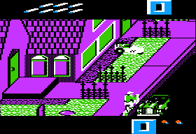 Paperboy (Apple II) screenshot: Close call with a car!