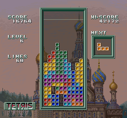 Super Tetris 3 (SNES) screenshot: A tetris appears, using only the vertical piece, the I.