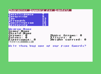 Dunjonquest: Temple of Apshai (Commodore 64) screenshot: Buy a sword?