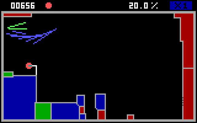 Styx (DOS) screenshot: Fill the playing field by cutting out regions.